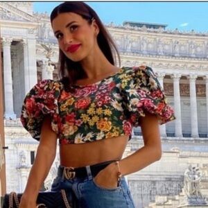 Zara‎ Floral Print Puff Sleeve Crop Top Small Multicolor Pullover Smocked Back